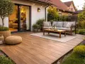 Terraza de madera con muebles de exterior, perfecta para disfrutar del verano. Un ejemplo de cómo nivelar un suelo exterior para crear un espacio acogedor.