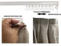 Detalle de cómo colgar cortinas: gancho en polea fija y poleas correderas en riel.
