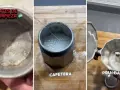 Proceso para limpiar cafetera italiana. Muestra el antes, el proceso con agua y el resultado final.
