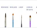 Se muestran varios tipos de pinceles: plano, redondo, biselado, liner, lengua de gato y abanico, cada uno con su nombre escrito.