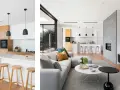 Cocina tipo americana moderna con isla, taburetes de madera y sala de estar contigua con chimenea de piedra.