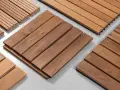Tablas de madera tropical, ideales para exteriores, muestran diferentes acabados y texturas.