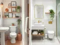 Dos baños pequeños con encanto: uno con estantes de madera y plantas, otro moderno con espejo dorado y ducha.