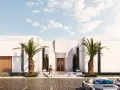 Un hombre camina hacia una casa moderna con palmeras. Se necesita proyecto para hacer un garaje.