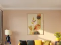 Paredes en tono melocotón, perfectas para saber como pintar mi casa por dentro colores de moda. Sofá amarillo y arte abstracto.