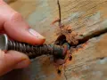 Mano girando un tornillo oxidado en madera agrietada. Se desatornilla hacia la izquierda.