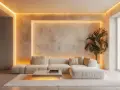 Un salón moderno con sofá blanco, alfombra mullida y una iluminación ambiental cálida que realza la textura de la pared. Una planta aporta vida.