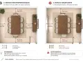 Comparativa de espacio: mesa de comedor con 75-90 cm libres alrededor para circulación cómoda, vs. espacio insuficiente con solo 40-45 cm.