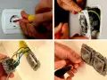 Manos trabajando para cambiar enchufe antiguo por uno nuevo. Se ve el proceso de desmontaje y conexión de cables.