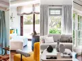 Cuatro escenas de interiores que muestran formas originales de colgar cortinas: azules vaporosas, romanas de lino, grises plisadas y estampadas florales.