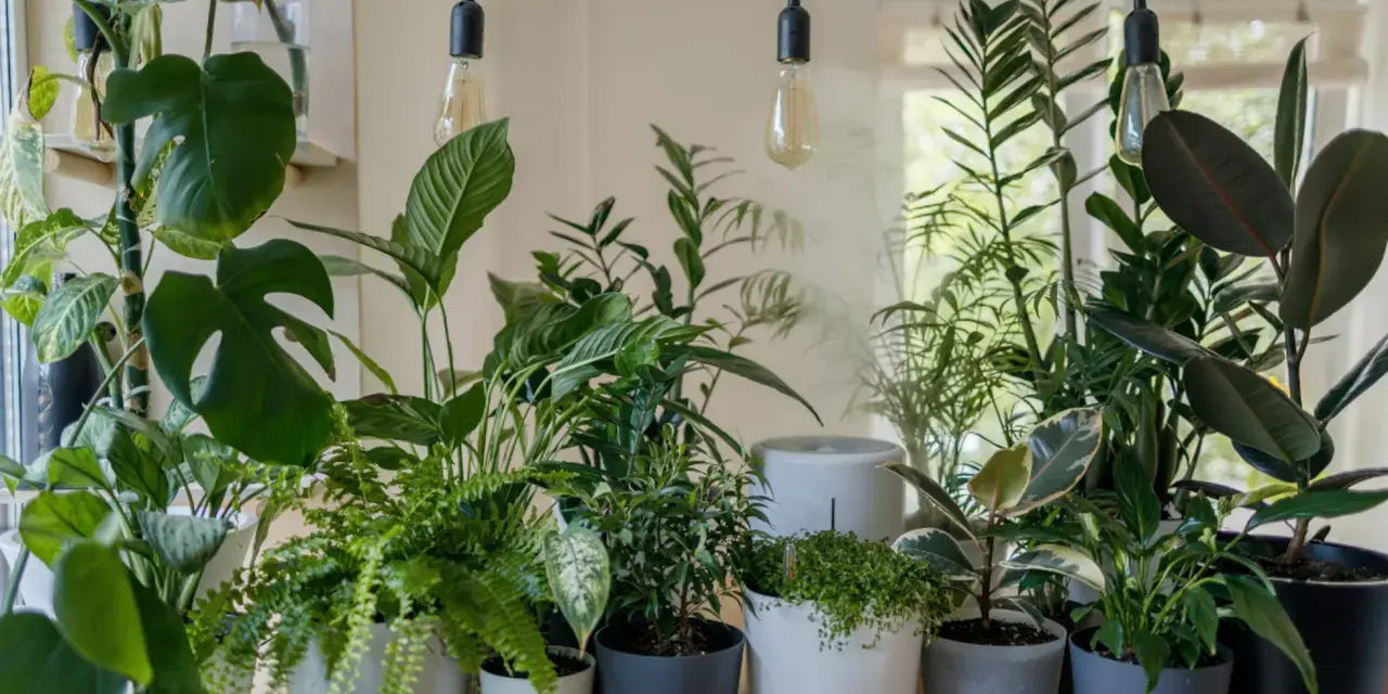 Un rincón lleno de vida, con plantas frondosas y luces cálidas. ¡Perfecto para **regar plantas en vacaciones** y soñar con un oasis verde!