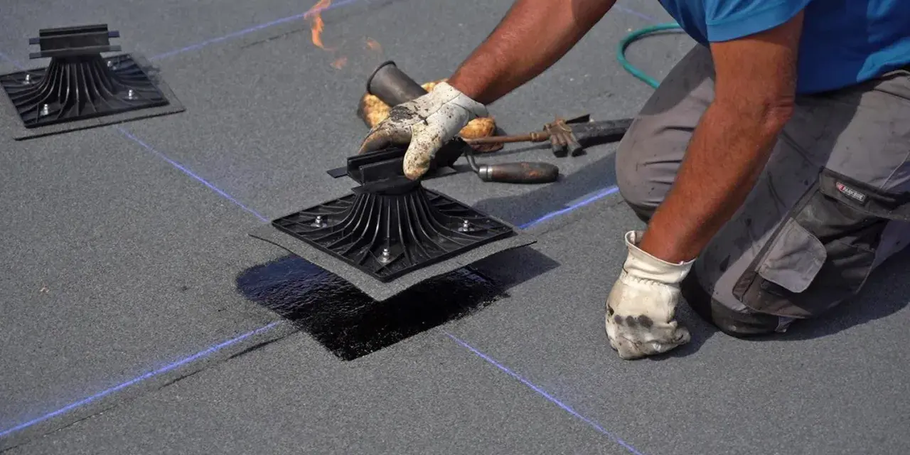 Un trabajador aplica calor con un soplete para instalar tela asfáltica, asegurando una impermeabilización duradera.