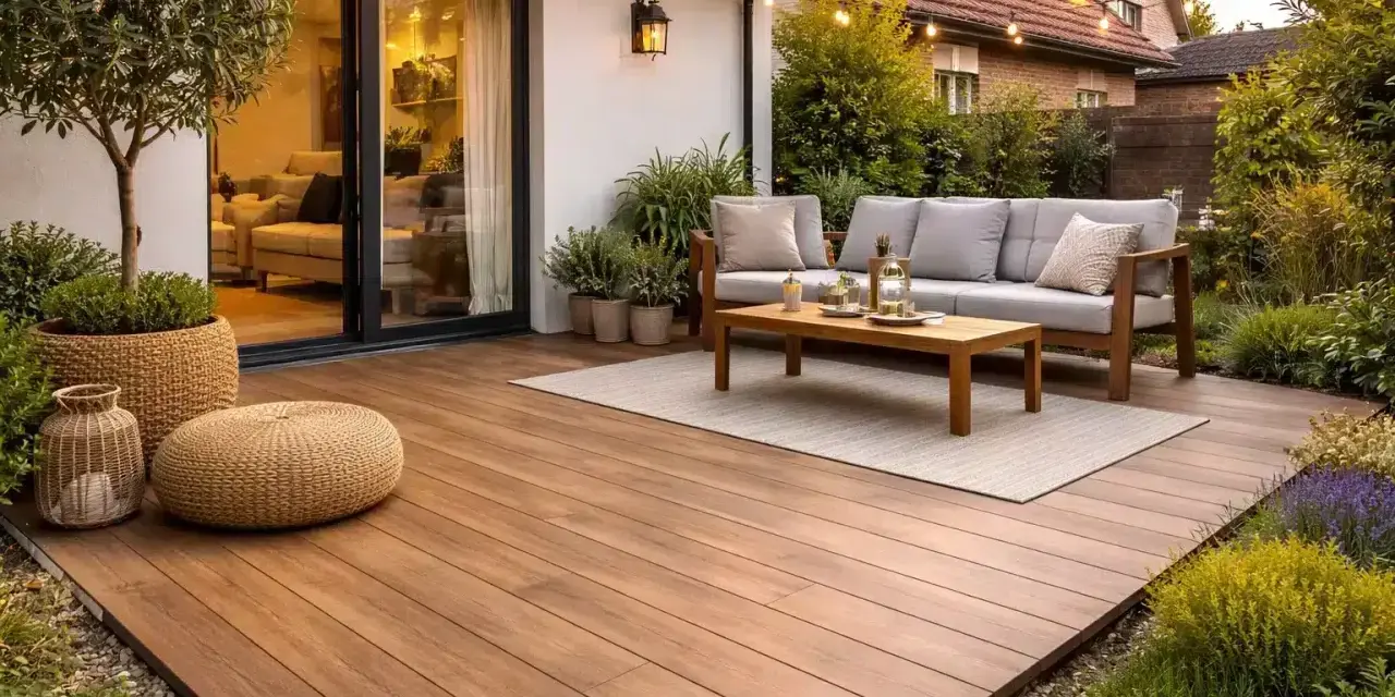 Terraza de madera con muebles de exterior, perfecta para disfrutar del verano. Un ejemplo de cómo nivelar un suelo exterior para crear un espacio acogedor.