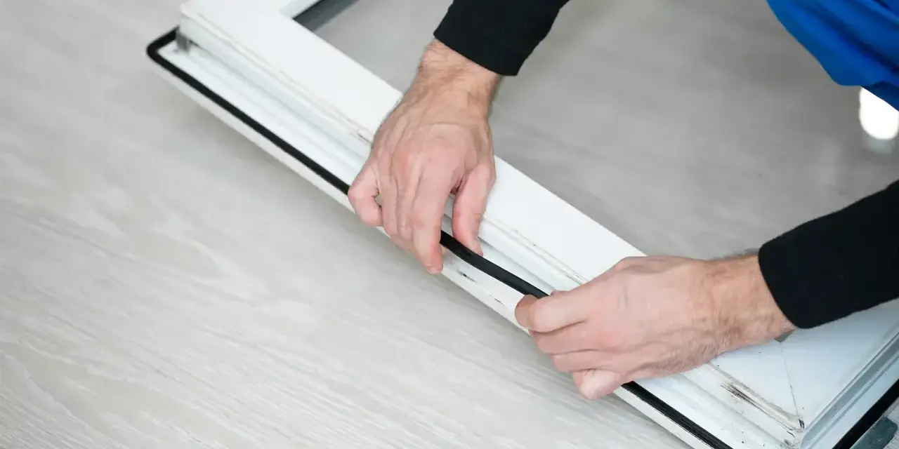 Man installing a black rubber seal on a white window frame, demonstrating como poner burletes en ventanas correderas.