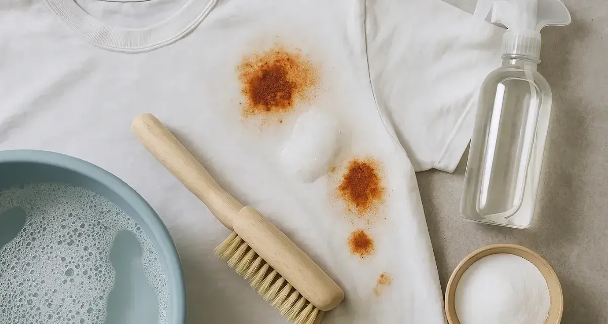 Prepara tu ropa de color para quitar manchas de óxido con un cepillo, jabón y bicarbonato.