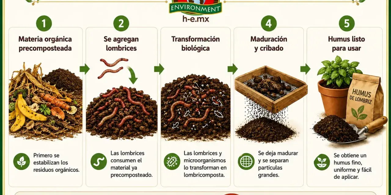 Proceso de fabricación de humus de lombriz: materia orgánica, lombrices, transformación biológica, maduración y cribado, y humus listo para usar. El humus de lombriz sirve para nutrir tus plantas.