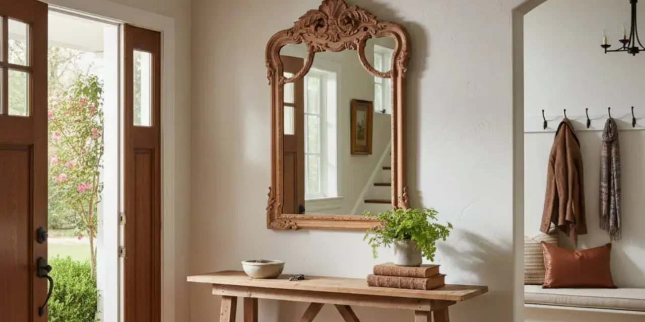 Entrada con puerta doble de madera, espejo ornamentado y consola rústica. Dicen que es malo tener un espejo frente a la puerta, pero este refleja la luz y el exterior.
