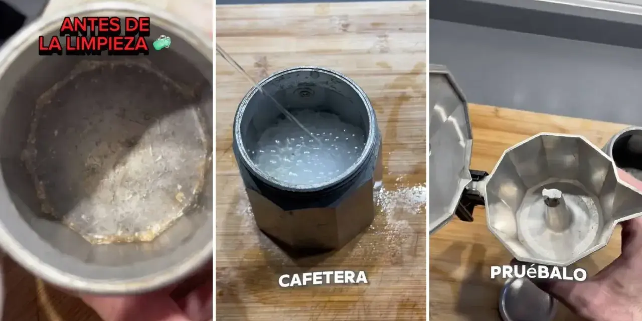 Proceso para limpiar cafetera italiana. Muestra el antes, el proceso con agua y el resultado final.