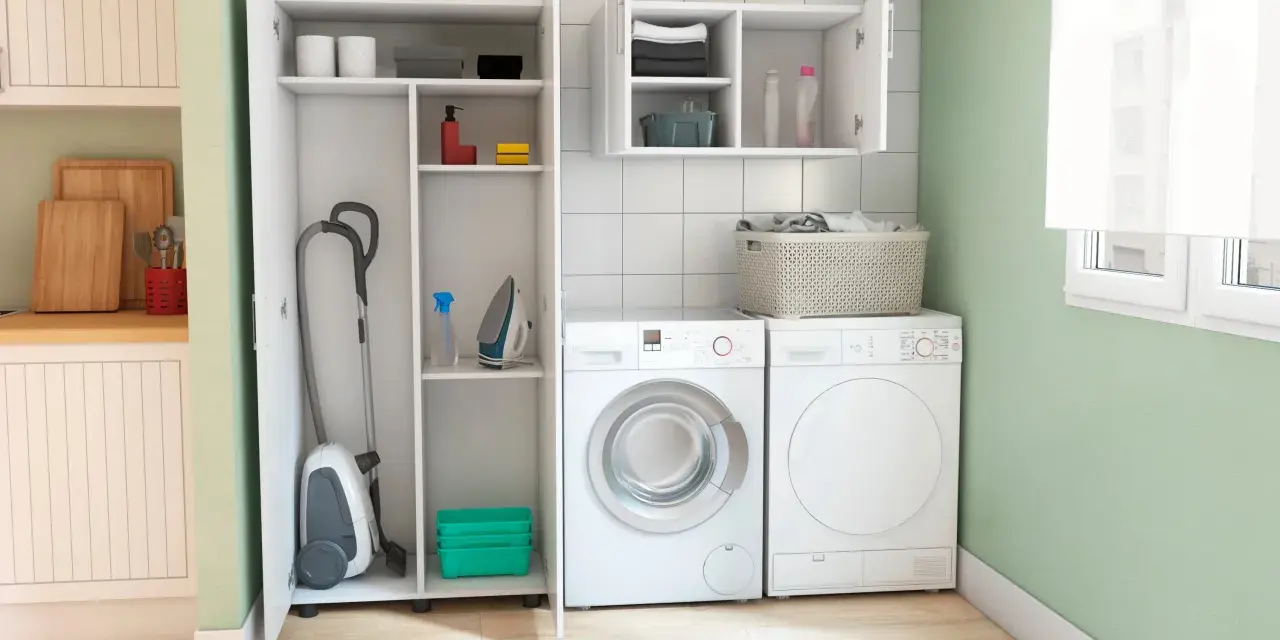 Lavaderos ideas: aspiradora, plancha, cestas y lavadora/secadora en un espacio organizado.