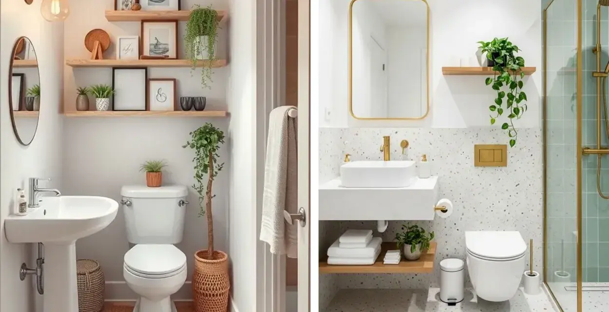 Dos baños pequeños con encanto: uno con estantes de madera y plantas, otro moderno con espejo dorado y ducha.