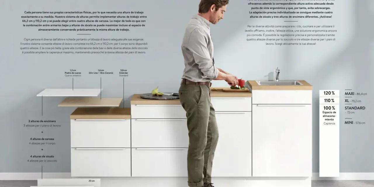 Hombre preparando comida en una cocina modular con diferentes opciones de altura de barra de cocina para una ergonomía perfecta.