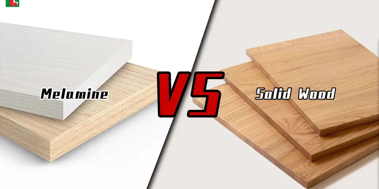Tableros de melamina y madera maciza apilados, con el texto "Melamine" y "Solid Wood".