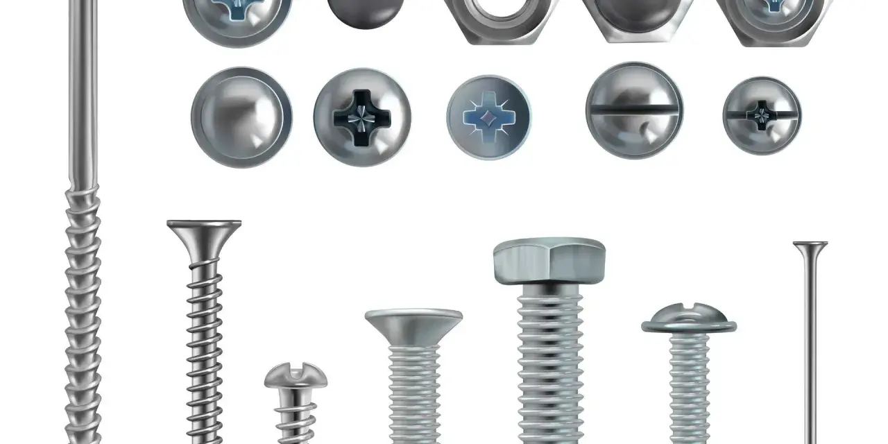 Variedad de tipos de cabezas de tornillos y tuercas, incluyendo Phillips, ranurados y hexagonales, listos para cualquier proyecto.