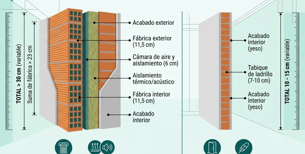 Comparación de grosor de paredes en vivienda. Muestra cómo saber el grosor de una pared con diferentes capas de construcción.