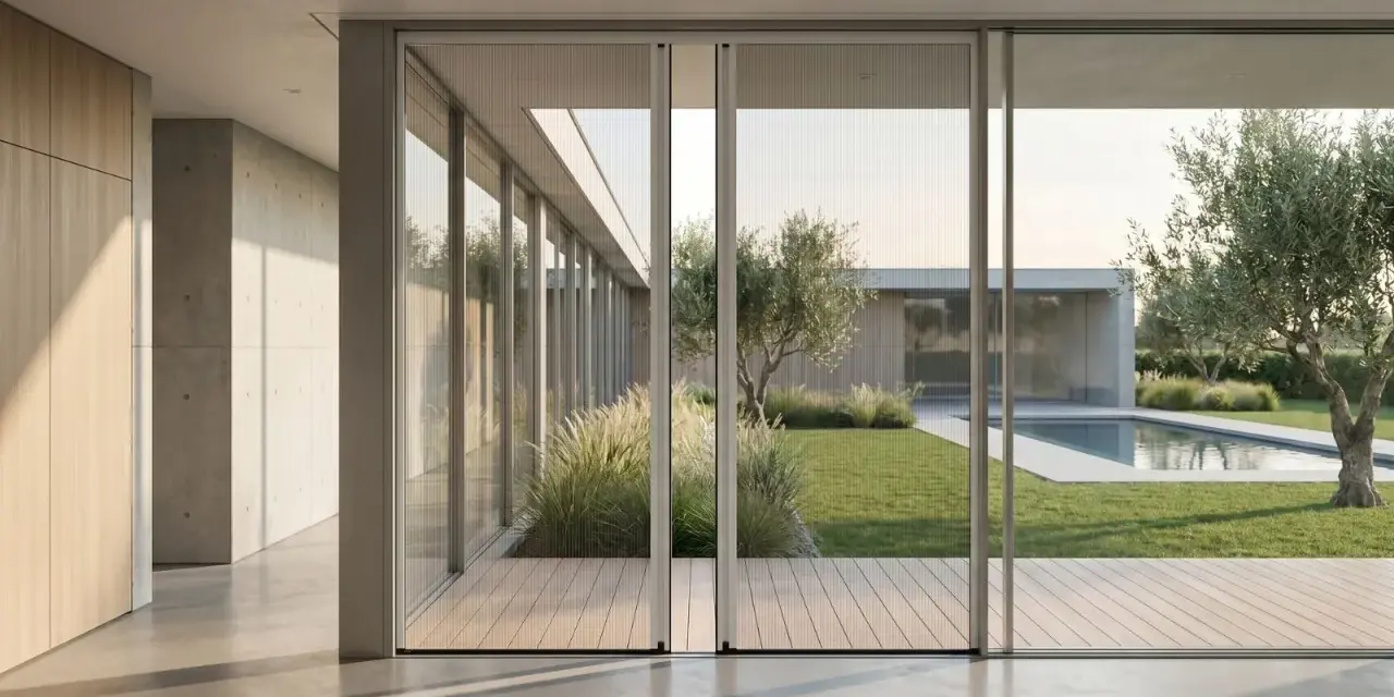 Modern home with large glass doors, perfect for installing mosquiteras and enjoying the garden and pool without insects.