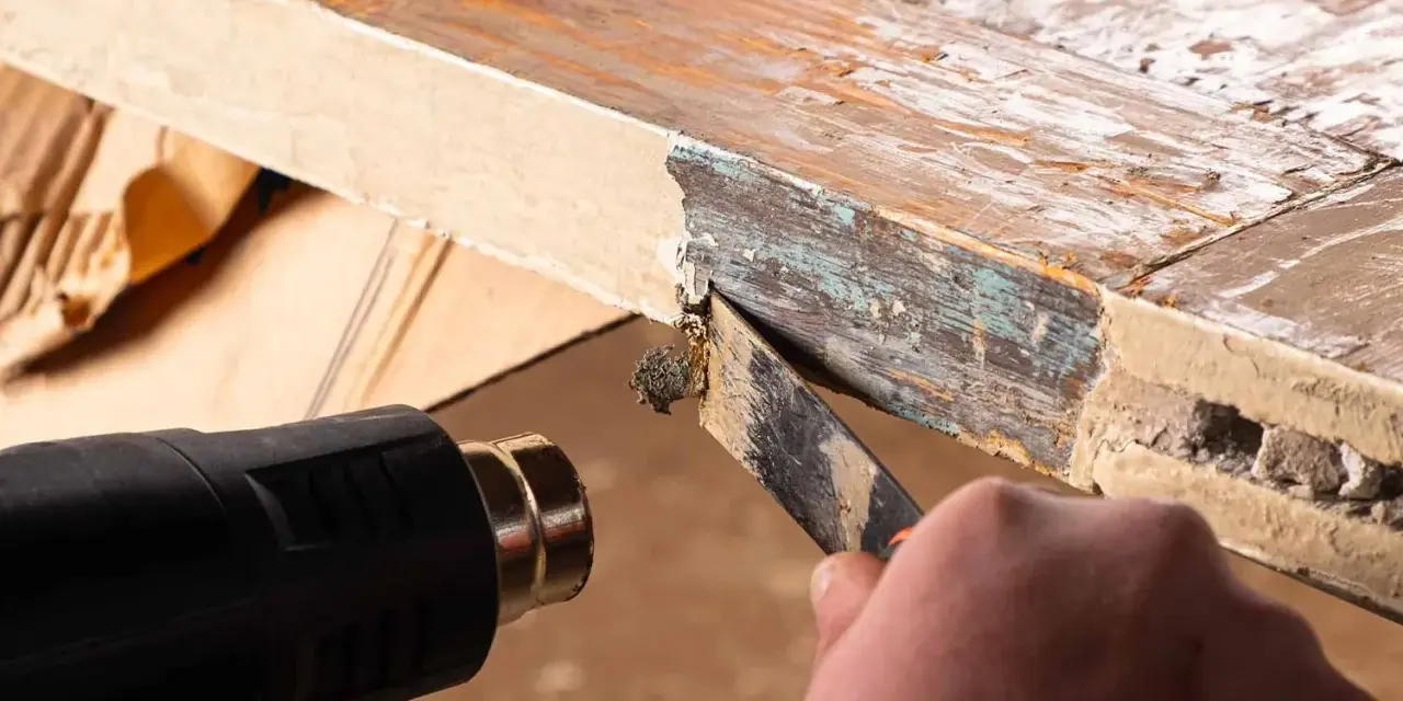 Se usa una pistola de calor para ablandar pintura vieja y descascarada de un marco de madera, facilitando su retirada con una espátula. La madera se hincha con el calor.