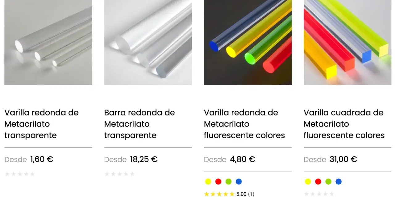 Varillas y barras de metacrilato, transparentes y fluorescentes. El plexiglás significado en variedad de formas y colores.