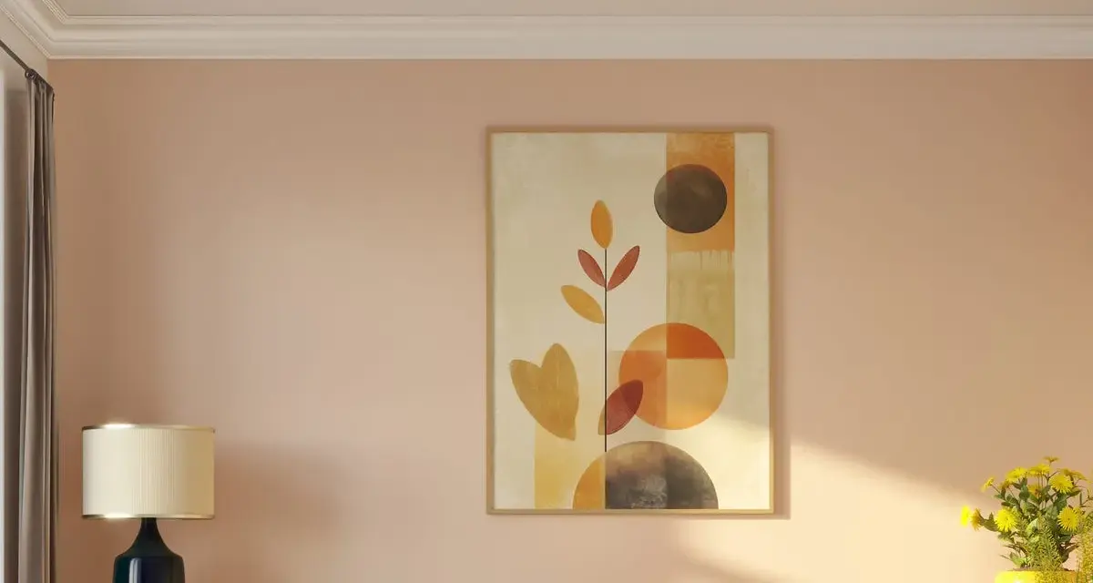 Paredes en tono melocotón, perfectas para saber como pintar mi casa por dentro colores de moda. Sofá amarillo y arte abstracto.