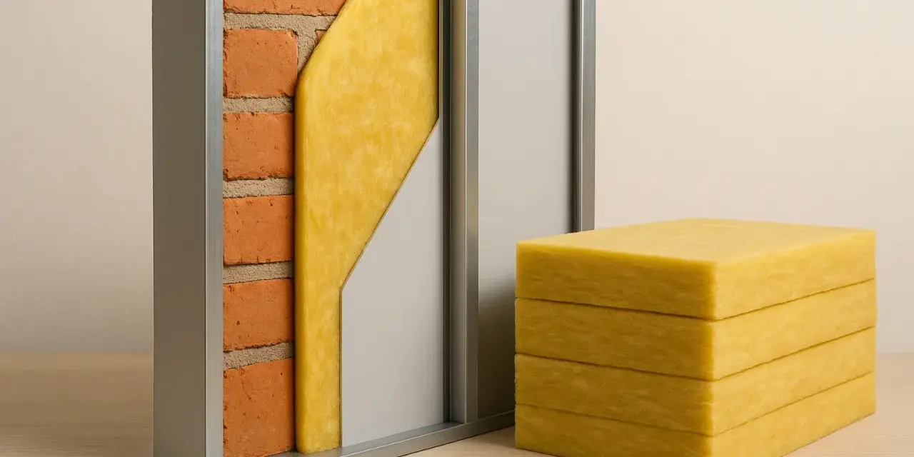 Sección de muro con ladrillos, aislamiento de fibra de vidrio y panel metálico. Bloques de fibra de vidrio apilados, demostrando sus propiedades aislantes.