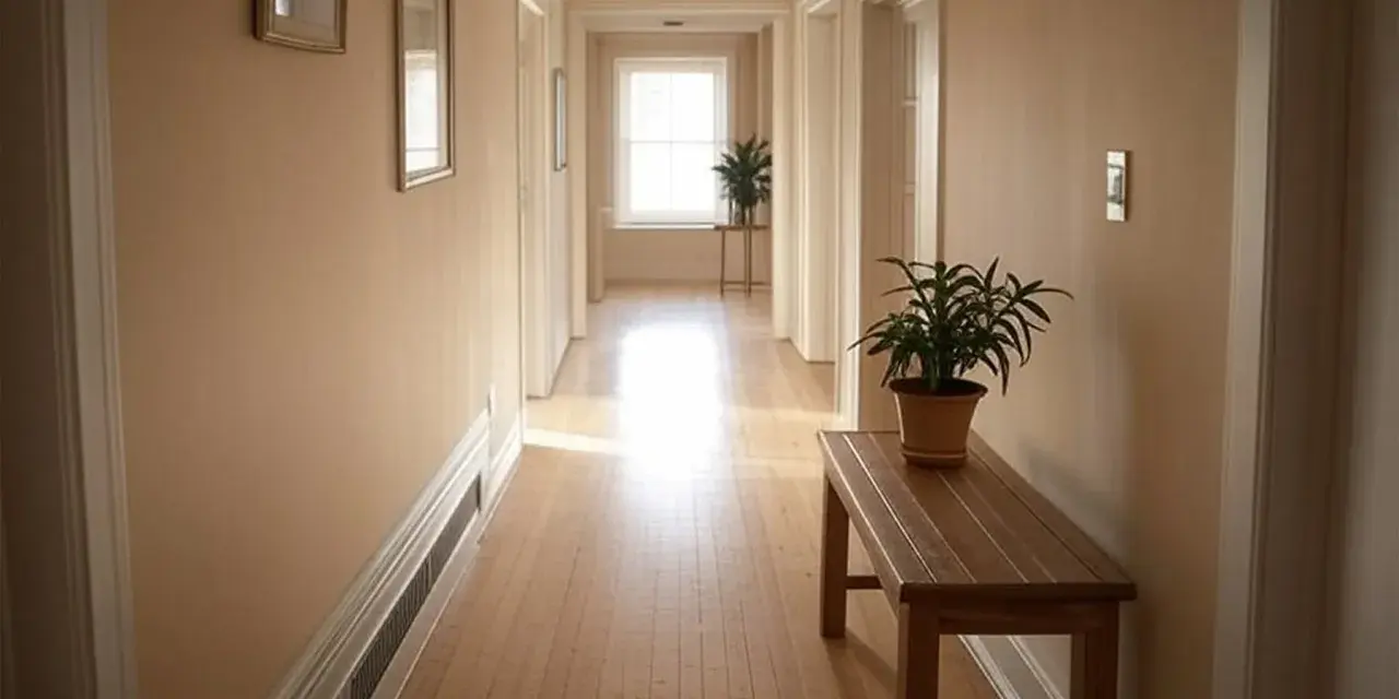 Ideas para como colocar cuadros en un pasillo largo y estrecho: dos cuadros en la pared, una planta y un banco de madera.