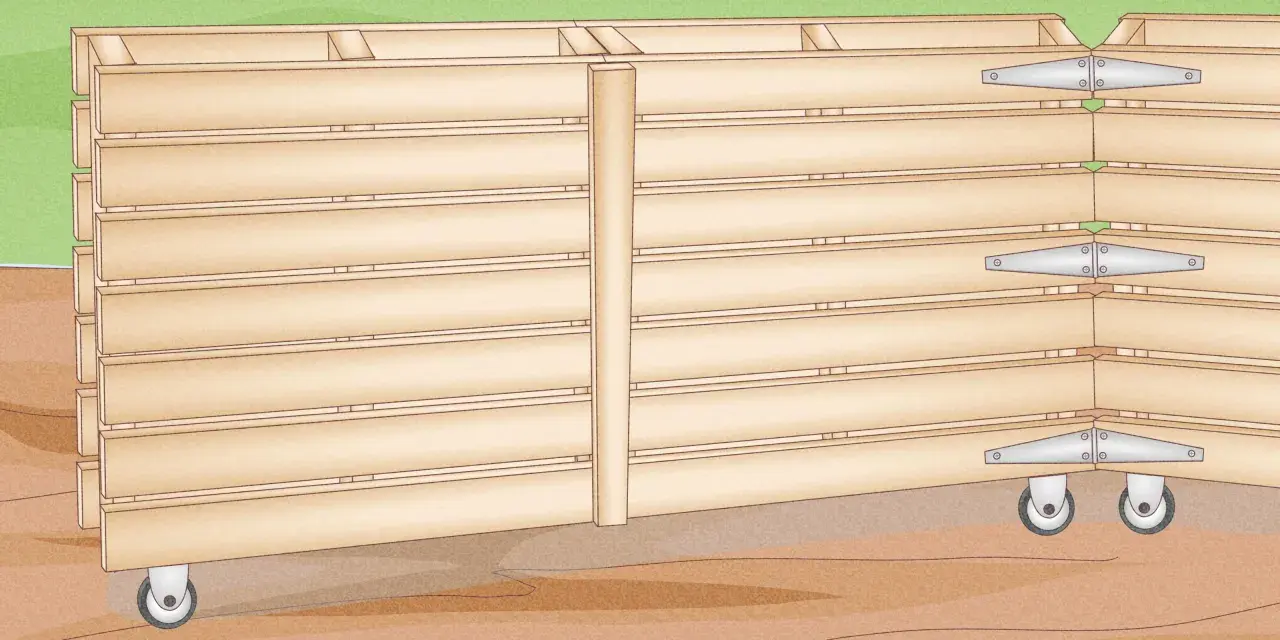 Estructura de madera apilada con ruedas y bisagras, mostrando cómo anclar palets al suelo para crear estanterías resistentes.