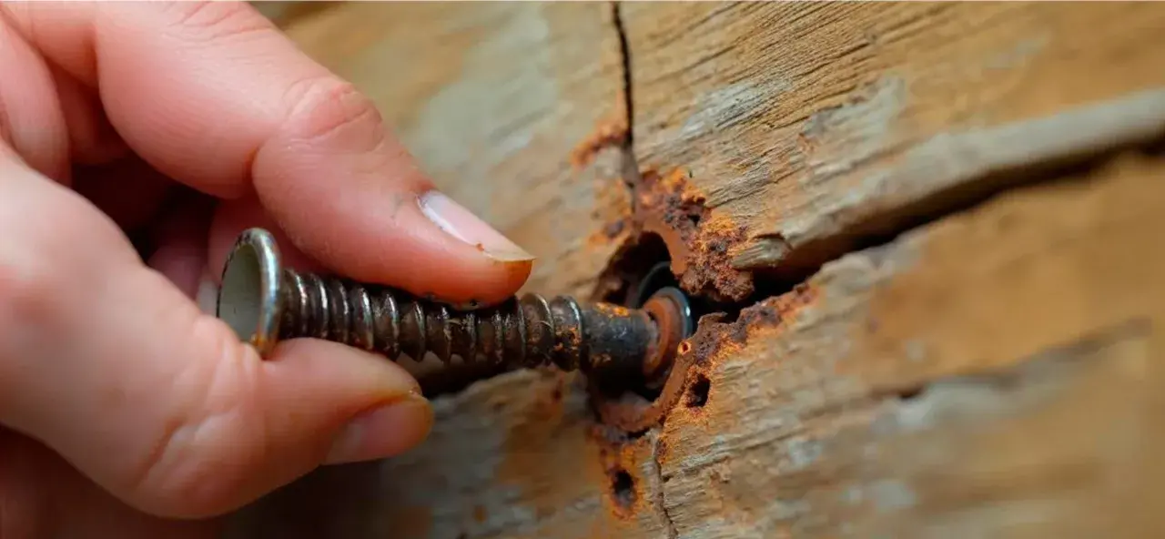 Mano girando un tornillo oxidado en madera agrietada. Se desatornilla hacia la izquierda.