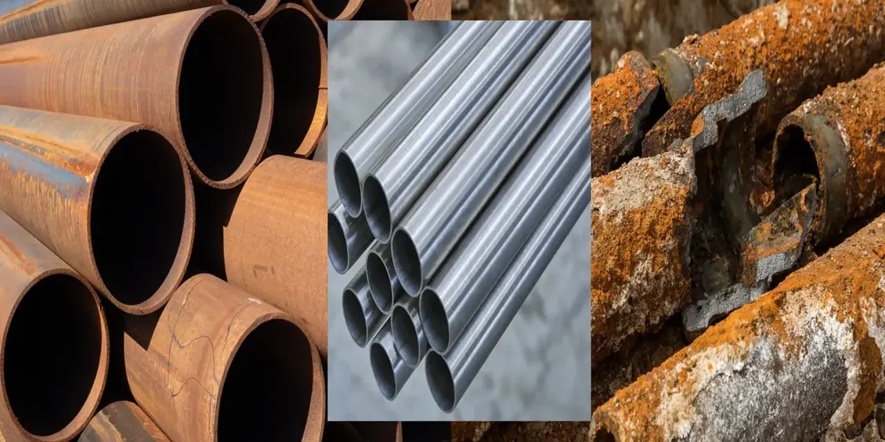 Tubos oxidados y corroídos, mostrando la diferencia entre corrosión y oxidación. Tubos nuevos y dañados.