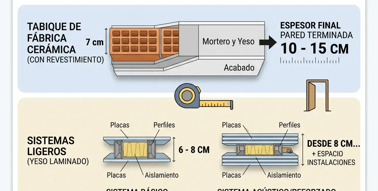Ilustración compara el grosor tabique entre viviendas: ladrillo cerámico (7 cm), sistemas ligeros (6-8 cm) y acústicos (desde 8 cm).