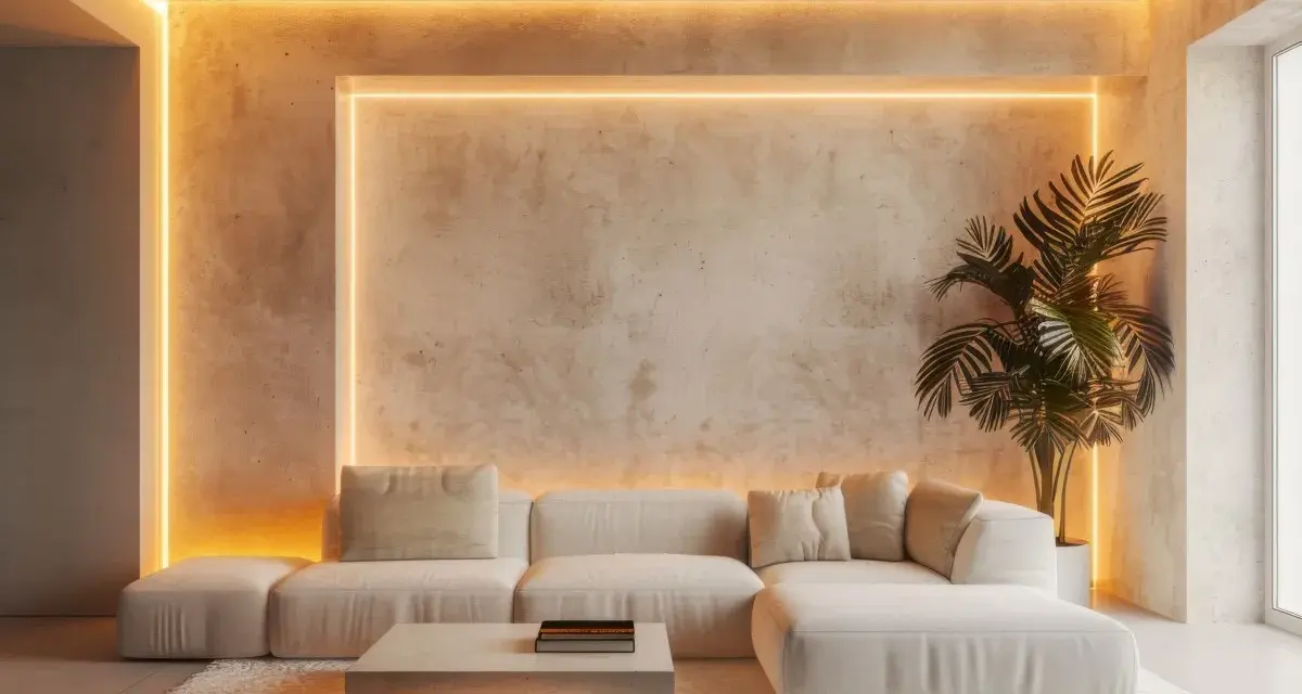 Un salón moderno con sofá blanco, alfombra mullida y una iluminación ambiental cálida que realza la textura de la pared. Una planta aporta vida.