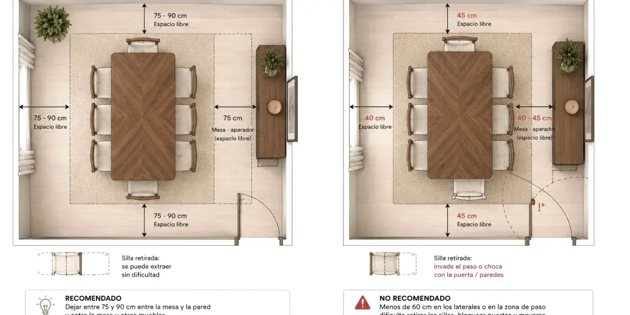 Comparativa de espacio: mesa de comedor con 75-90 cm libres alrededor para circulación cómoda, vs. espacio insuficiente con solo 40-45 cm.