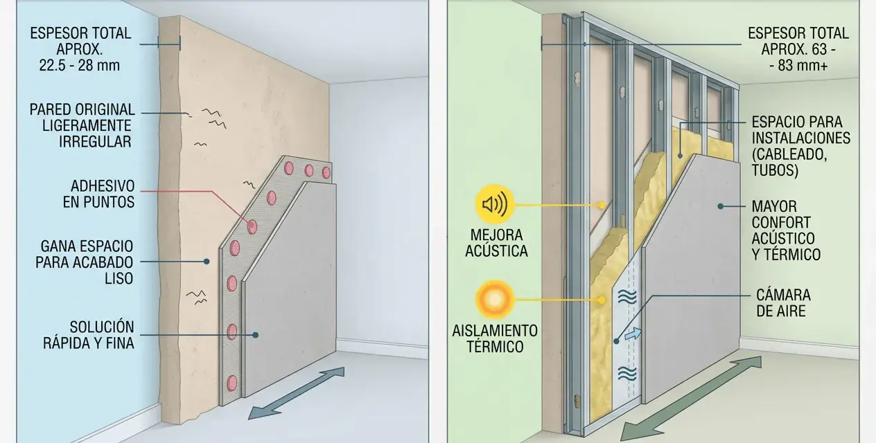 Comparativa de trasdosados: directo (22.5-28mm) y autoportante (63-83mm+). El grosor muros exteriores casa varía según el sistema.