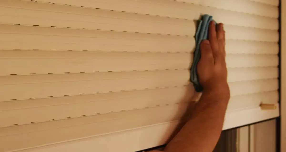 Mano limpiando persianas por fuera con un paño azul.
