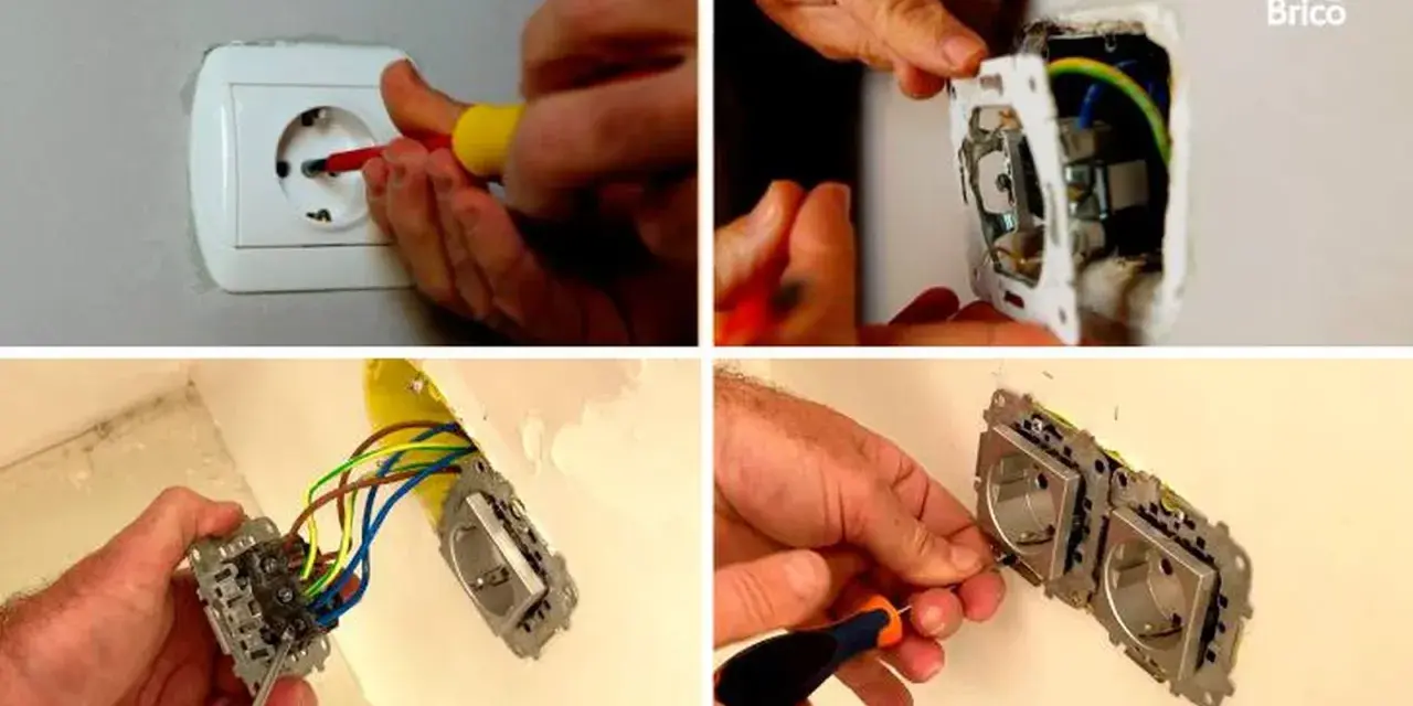 Manos trabajando para cambiar enchufe antiguo por uno nuevo. Se ve el proceso de desmontaje y conexión de cables.