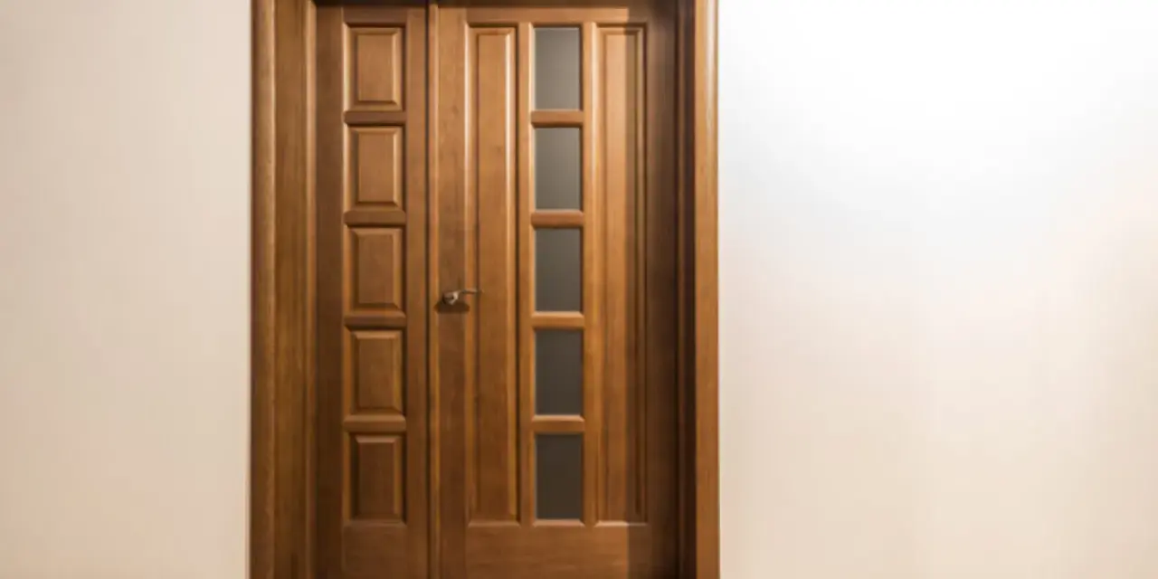 Puertas dobles de madera con paneles y vidrio, perfectas para inspirarte sobre como elegir el color de las puertas de interior.