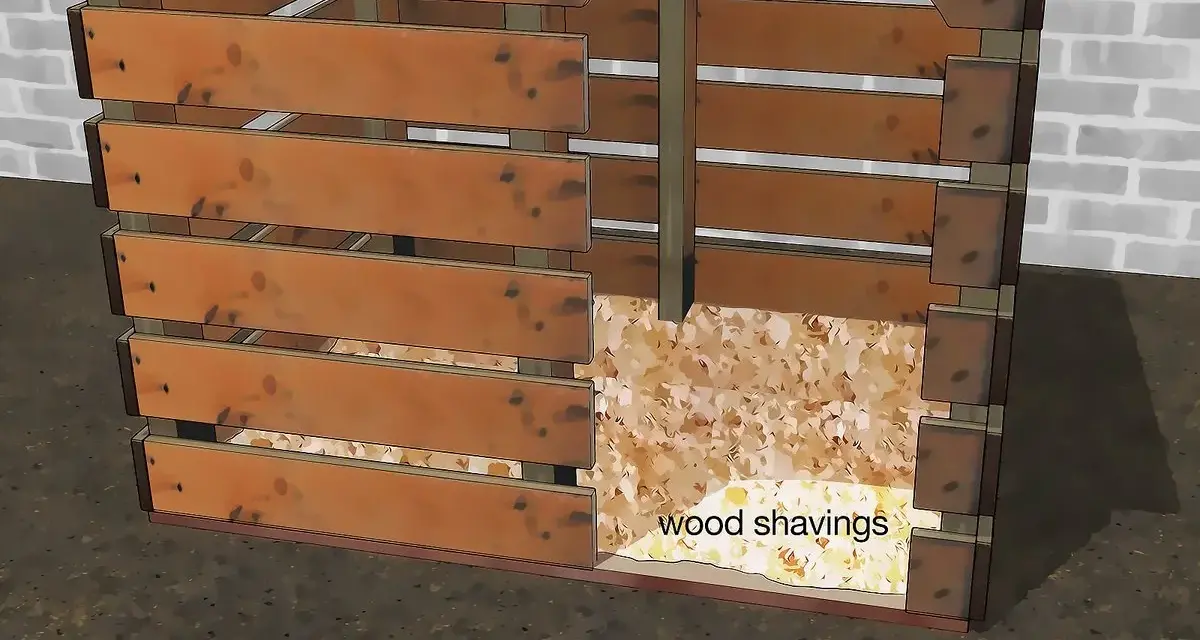 Planos para hacer caseta perro palets. Estructura de madera con entrada arqueada y base cubierta de virutas.