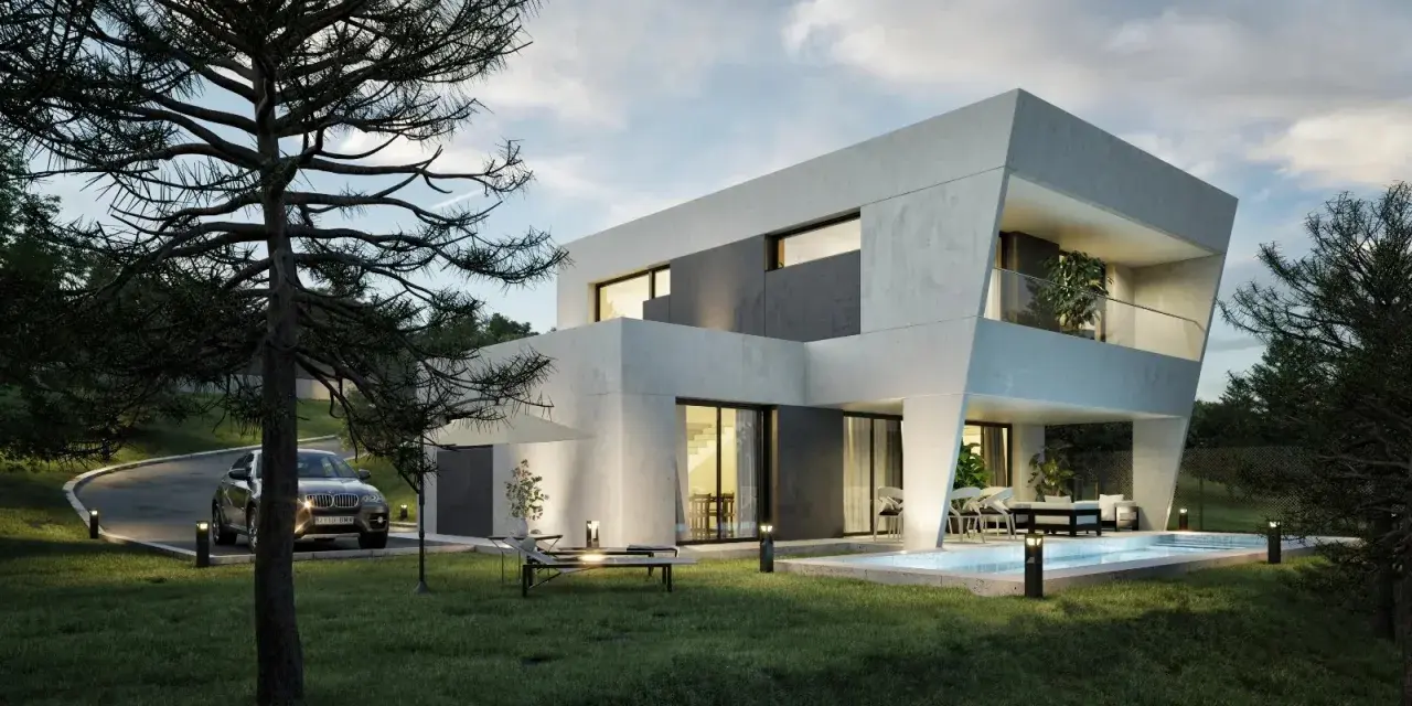 Casa moderna con piscina y jardín. ¿Cuanto dura una casa prefabricada? Esta parece hecha para durar.