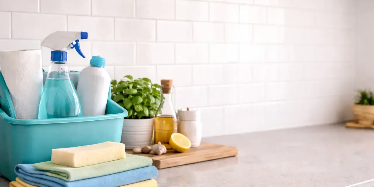 Todo lo necesario para saber como limpiar azulejos baño: esponjas, toallas, spray limpiador, planta y limón.