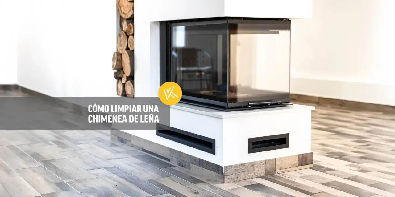 Guía visual para saber como limpiar una chimenea de leña. Chimenea moderna con leña apilada y cristal.