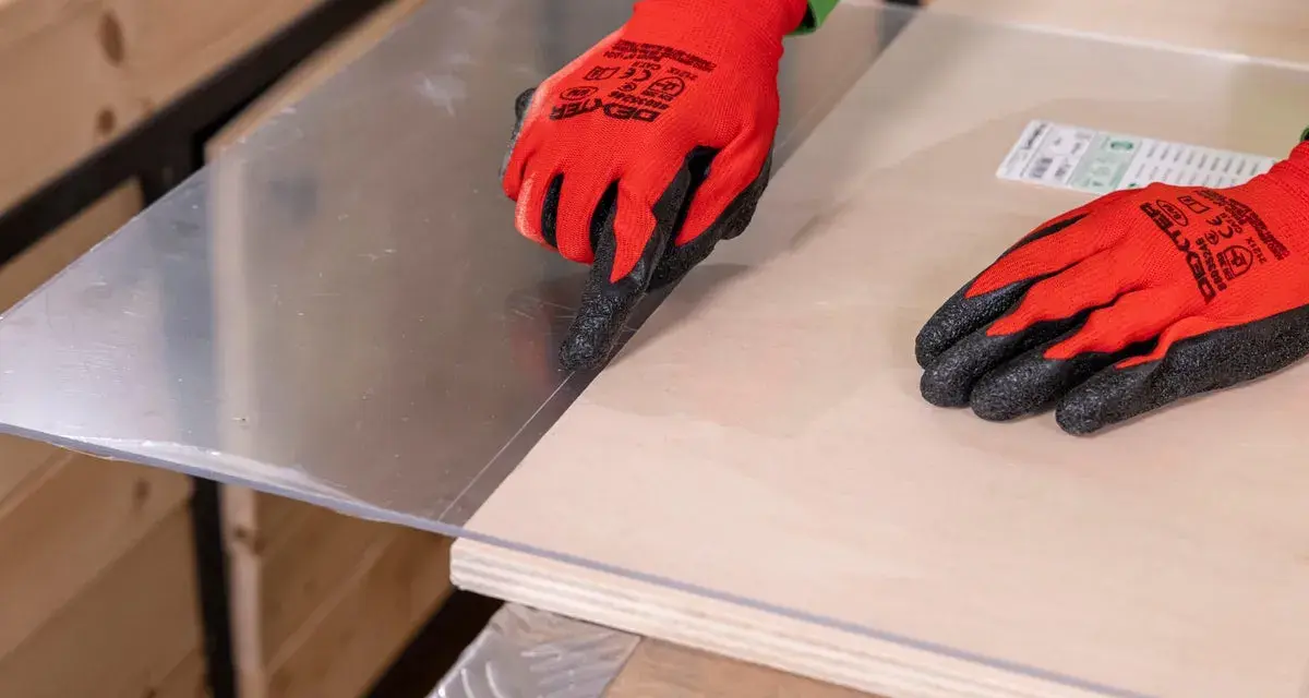 Manos con guantes rojos marcan el metacrilato sobre madera, mostrando cómo se corta el metacrilato con precisión.