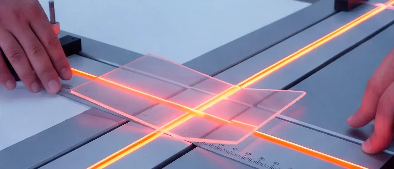 Manos sujetan metacrilato transparente sobre una guía con luces naranjas, preparándolo para moldear.